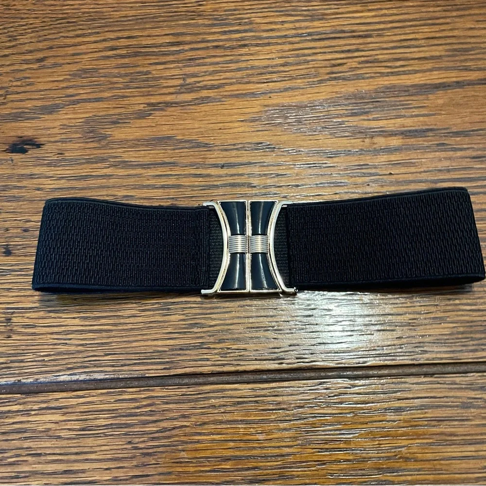 Black Elastic Waist Belt with Gold & Black Buckle